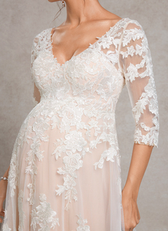 A-line V-Neck Sweep Train Tulle Lace Maternity Dresses 