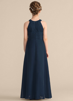 A-line Halter Floor-Length Chiffon Lace Junior Bridesmaid Dress With Beading 