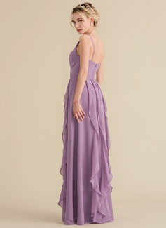 A-formet V-hals Gulvlengde Chiffong Brudepikekjole med Brusende Volanger 