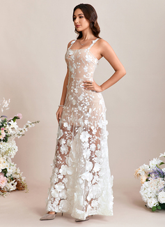 Flower Embroidered Square Sleeveless A-line Lace Maxi Dress 