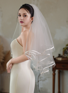 Pearl Satin Cut Edge Two Tier Bridal Short 31" Wedding Veils With Blusher 