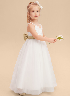 A-line kjole V-hals Gulvlengde Tyll Blonder Brudepikekjole barn med Sløyfe 