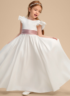 A-line Scoop Floor-Length Lining 100% Cotton Satin Flower Girl Dress With Bow 