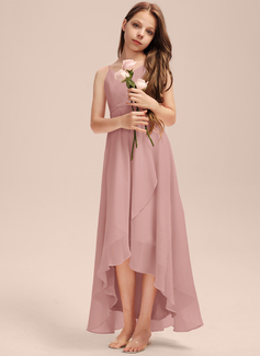 A-linja v-kaula epäsymmetrinen sifonki nuorten morsiusneito mekko jossa laskeutuva röyhelö 