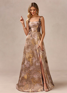 A-line Square Floor-Length Jacquard Evening Dress With 3D Floral 