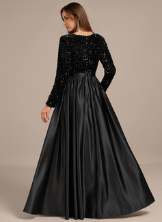 A-line V-Neck Floor-Length Sequin Satin Evening Dress 