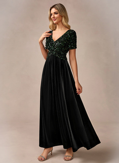 V-Neck Short Sleeve A-line Velvet Sequin Maxi Dress 