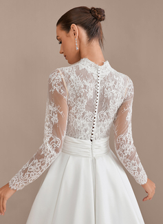 A-line High Neck Sweep Train Satin Lace Wedding Dress With Sequins 