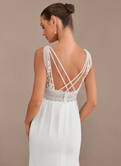 Trumpet/Mermaid V-Neck Sweep Train Lace Chiffon Wedding Dress With Sequins 