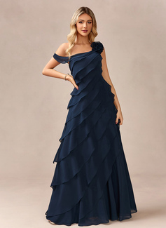 A-line One Shoulder Floor-Length Chiffon Evening Dress With Cascading Ruffles Flower 