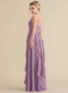 A-formet V-hals Gulvlengde Chiffong Brudepikekjole med Brusende Volanger 