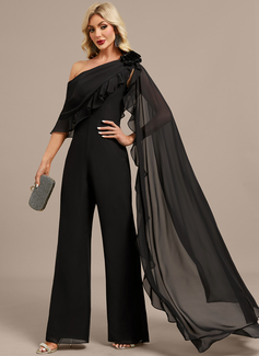 Jumpsuits Asymmetrical One Shoulder Floor-Length Chiffon Evening Dress With Cape 3D Floral Ruffle 