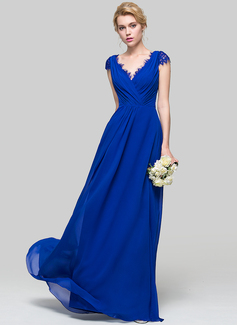A-Line V-neck Floor-Length Chiffon Bridesmaid Dress With Ruffle 