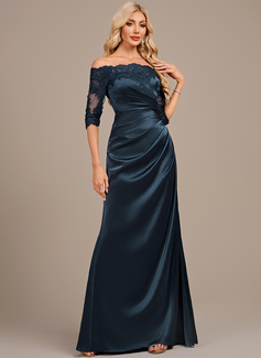 Sheath/Column Off the Shoulder Floor-Length Lace Stretch Satin Mother of the Bride Dress With Pleated 