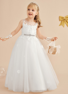 A-Linien-Kleid Rundhals Bodenlang Spitze Tüll Blumenmädchenkleid 