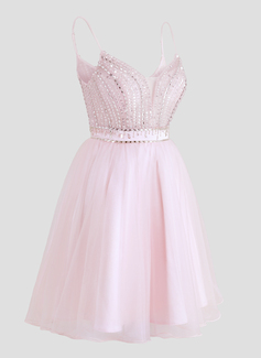 A-line V-Neck Short Tulle Homecoming Dress With Rhinestone Sequins Beading 