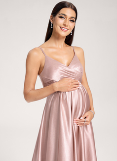 A-line V-Neck Floor-Length Stretch Satin Maternity Dresses With Pleated 