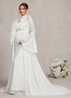 Trumpet/Mermaid High Neck Sweep Train Detachable Chiffon Lace Maternity Dresses With Beading 