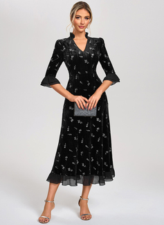 A-line V-Neck Tea-Length Velvet Cocktail Dress With Embroidered 