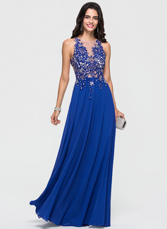 A-Line/Princess Scoop Neck Floor-Length Chiffon Prom Dresses With Lace Beading Sequins 