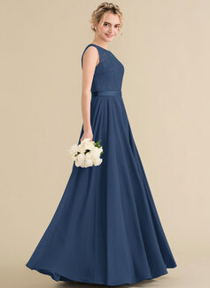 A-Linien-Kleid Rundhals Bodenlang Chiffon Spitze Brautjungfernkleid mit Schleife 