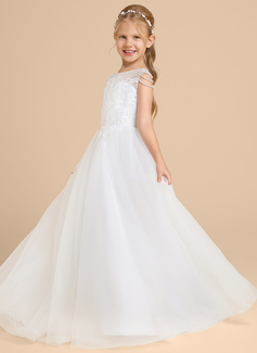 Prinzessin Rundhals Bodenlang Spitze Satin Tüll Blumenmädchenkleid mit Perlen 