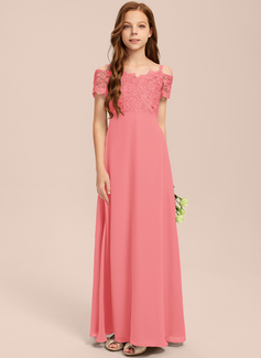 A-line kjole Kald skulder Gulvlengde Chiffon Blonder Brudepikekjole ungdom 