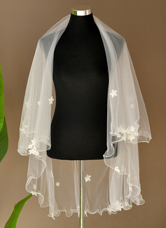 Pearl Floral Scalloped Edge Two Tier Bridal Fingertip Length 39" Wedding Veils With Blusher 