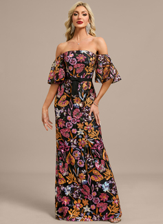 Sheath/Column Off the Shoulder Floor-Length Lace Floral Sequin Evening Dress With Bow 