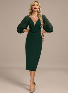 Sheath/Column V-Neck Tea-Length Chiffon Evening Dress With Pleated 