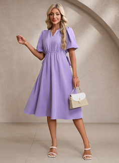 V-Neck Short Sleeve A-line Stretch Crepe Midi Dress 