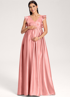 A-line V-Neck Floor-Length Stretch Satin Maternity Dresses With Ruffle 