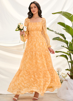 Firkantet utringning Lange ermer Elegant A-line kjole Chiffong Midi Motekjoler 