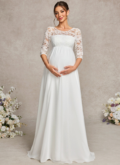 A-line Scoop Illusion Floor-Length Lace Chiffon Maternity Dresses With Bow 