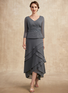 A-formet V-hals Asymmetrisk Chiffong Blonder Kjole til brudens mor med Frynse Profilering paljetter 