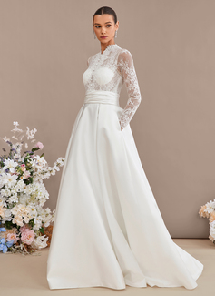 A-line High Neck Sweep Train Satin Lace Wedding Dress With Sequins 