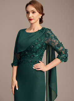 Sheath/Column Scoop Knee-Length Chiffon Lace Mother of the Bride Dress With Beading Cape 3D Floral 
