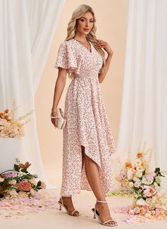 Floral Print Smocked V-Neck Short Sleeve A-line Printed Fabric Asymmetrical Maxi Dress 