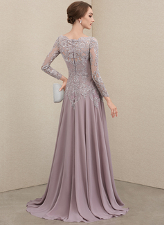 A-Linien-Kleid Rundhals Pinsel-Schleppe Spitze Chiffon Kleid für die Brautmutter mit Pailletten 