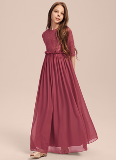 A-line kjole Scoop Gulvlengde Chiffon Brudepikekjole ungdom med Plissert 