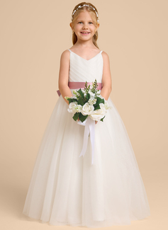 A-line kjole V-hals Gulvlengde Tyll Sateng Brudepikekjole barn med Bånd 