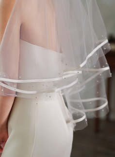 Pearl Satin Cut Edge Two Tier Bridal Short 31" Wedding Veils With Blusher 