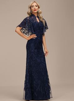 Linjeform høy Hals Illusjon Gulvlengde Blonder Festkjole 