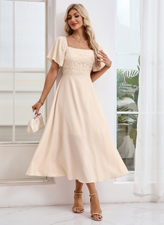 Square Short Sleeve A-line Crepe Lace Midi Dress 