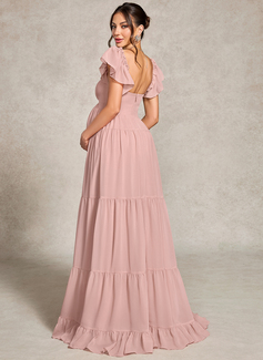 A-line V-Neck Floor-Length Chiffon Maternity Dresses With Ruffle Bow 