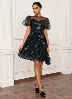 Sequins Scoop Illusion Short Sleeve A-line Tulle Mini Dress 