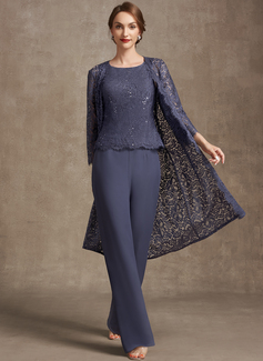 Buksedresser Scoop Gulvlengde Chiffon Blonder Kjole til brudens mor med paljetter 