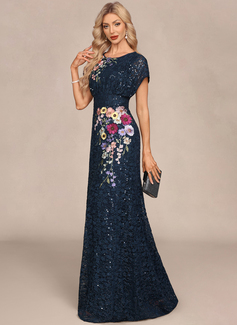 Sheath/Column Scoop Floor-Length Lace Evening Dress With Sequins Flower Appliques Lace 