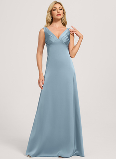 A-line V-Neck Floor-Length Matte Satin Bridesmaid Dress With Ruched 