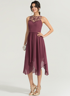 A-line Scoop Asymmetrical Chiffon Lace Cocktail Dress 